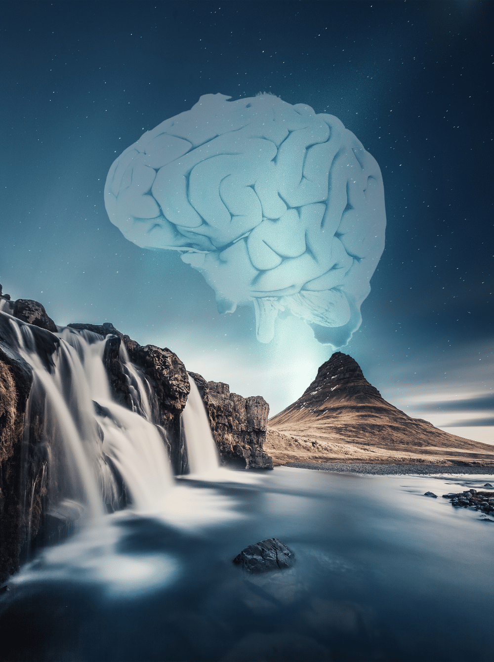 cascades d'eau sur rochers et volcan avec nuage de fumée en forme de cerveau